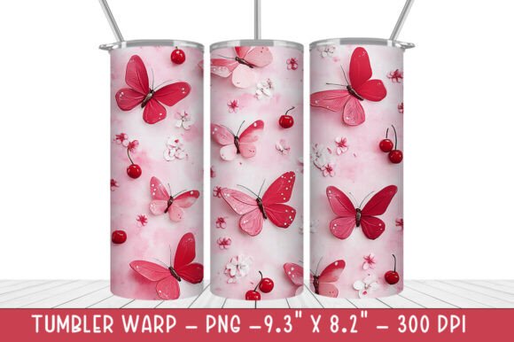 3D Pink Butterflies Cherry Tumbler Wrap