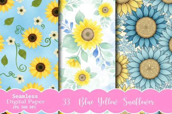 Blue Yellow Sunflower Seamless Pattern