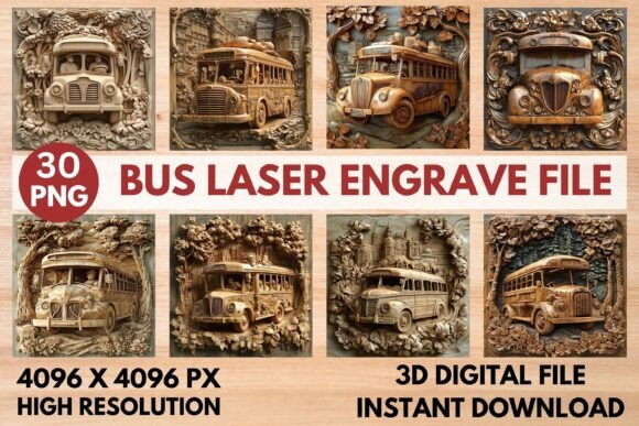 Bus Laser Engrave 3D PNG Set