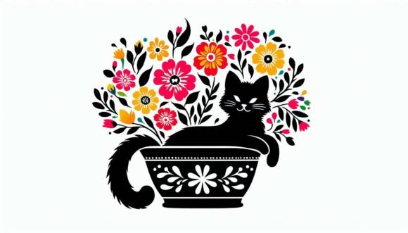 Cat in a Flower Pot: A Charming Digital Illustration