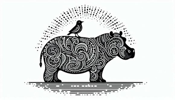 Charming Hippo with a Bird on Its Back
