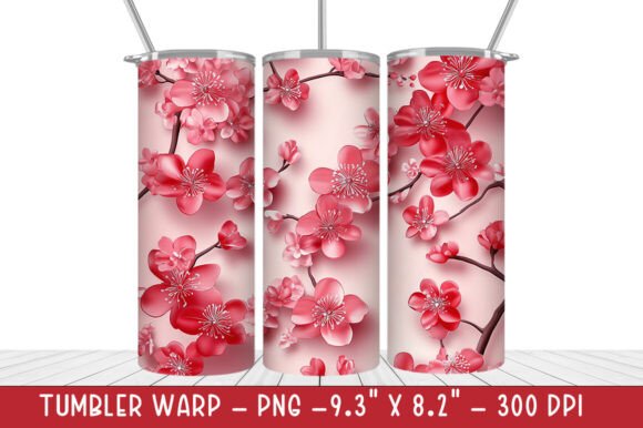 Enhance Your Drinkware with 3D Red Cherry Blossom Tumbler Wrap PNG