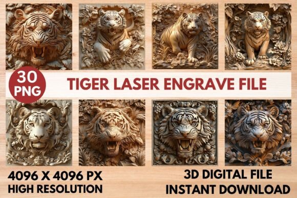 Unleash Power and Artistry with the Tiger Laser Engrave 3D PNG Set